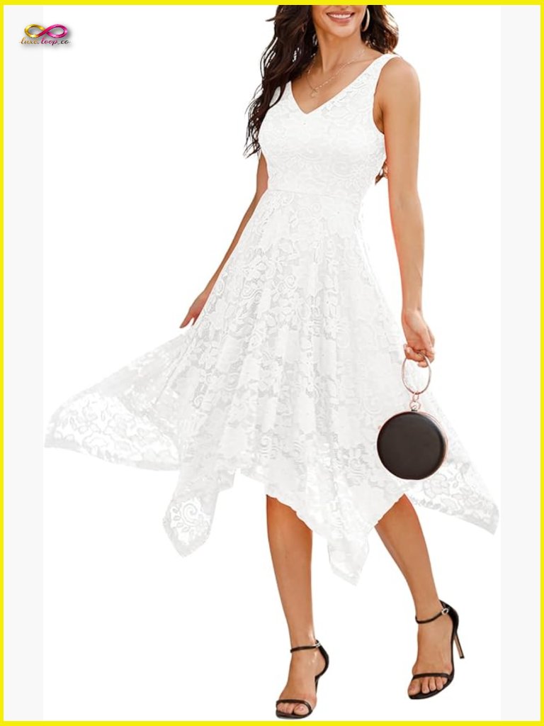 Lace Cocktail Dress Handkerchief Hem V-Neck Sleeveless A-Line Midi Party Formal